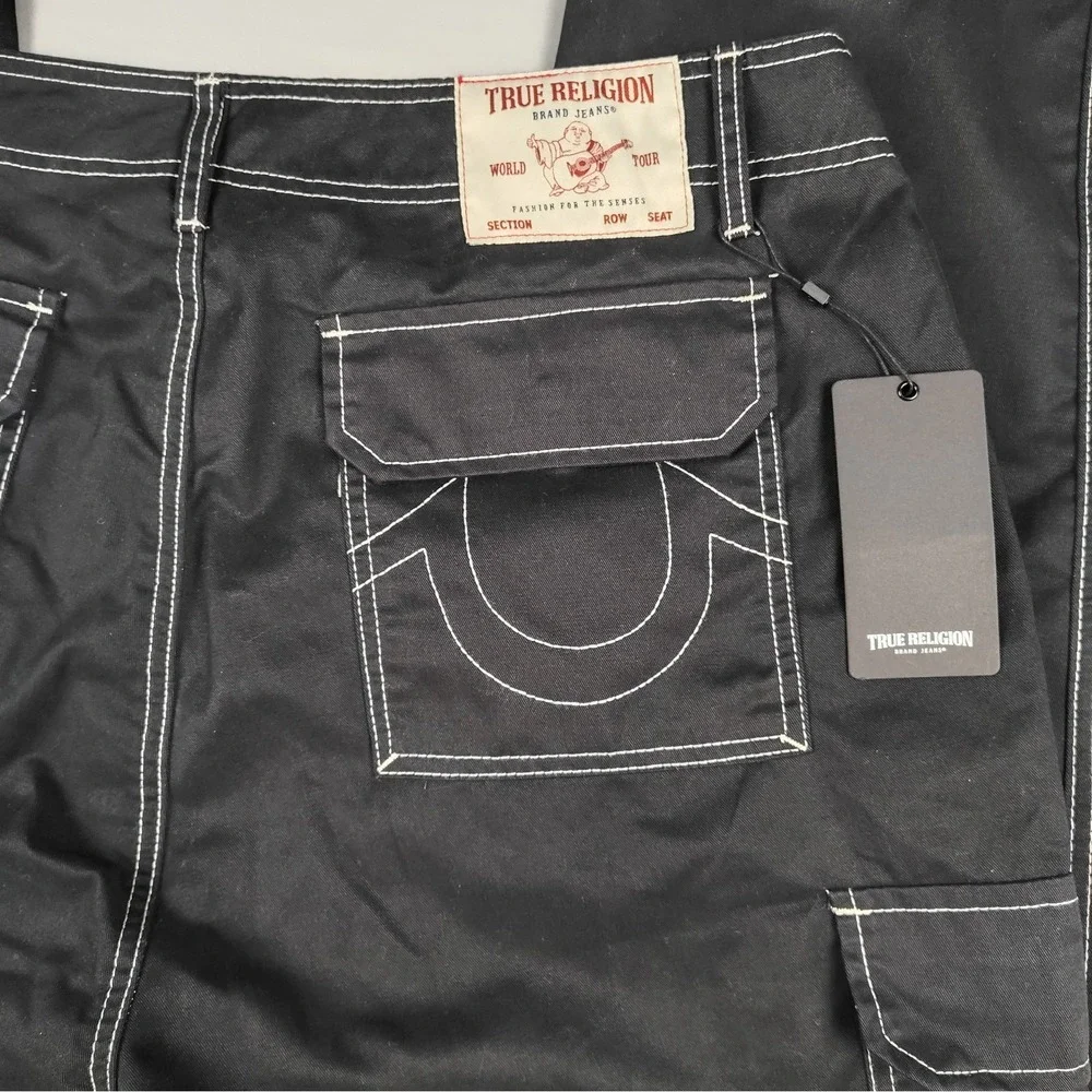 NWT True Religion Cargo Pants Mens 36x31.5 Black Straight White Contrast Stitch